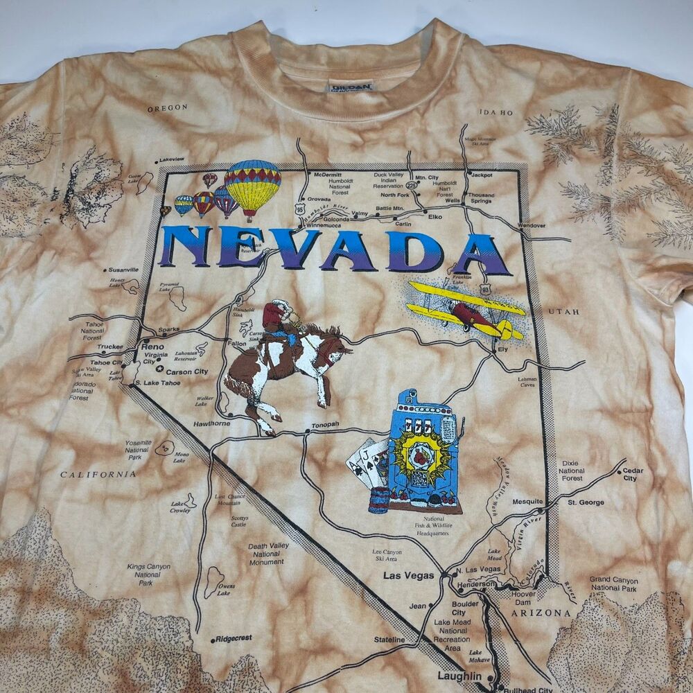 Vintage NEVADA Map All Over Print TEE T SHIRT Sz Mens L 1990s 90s
